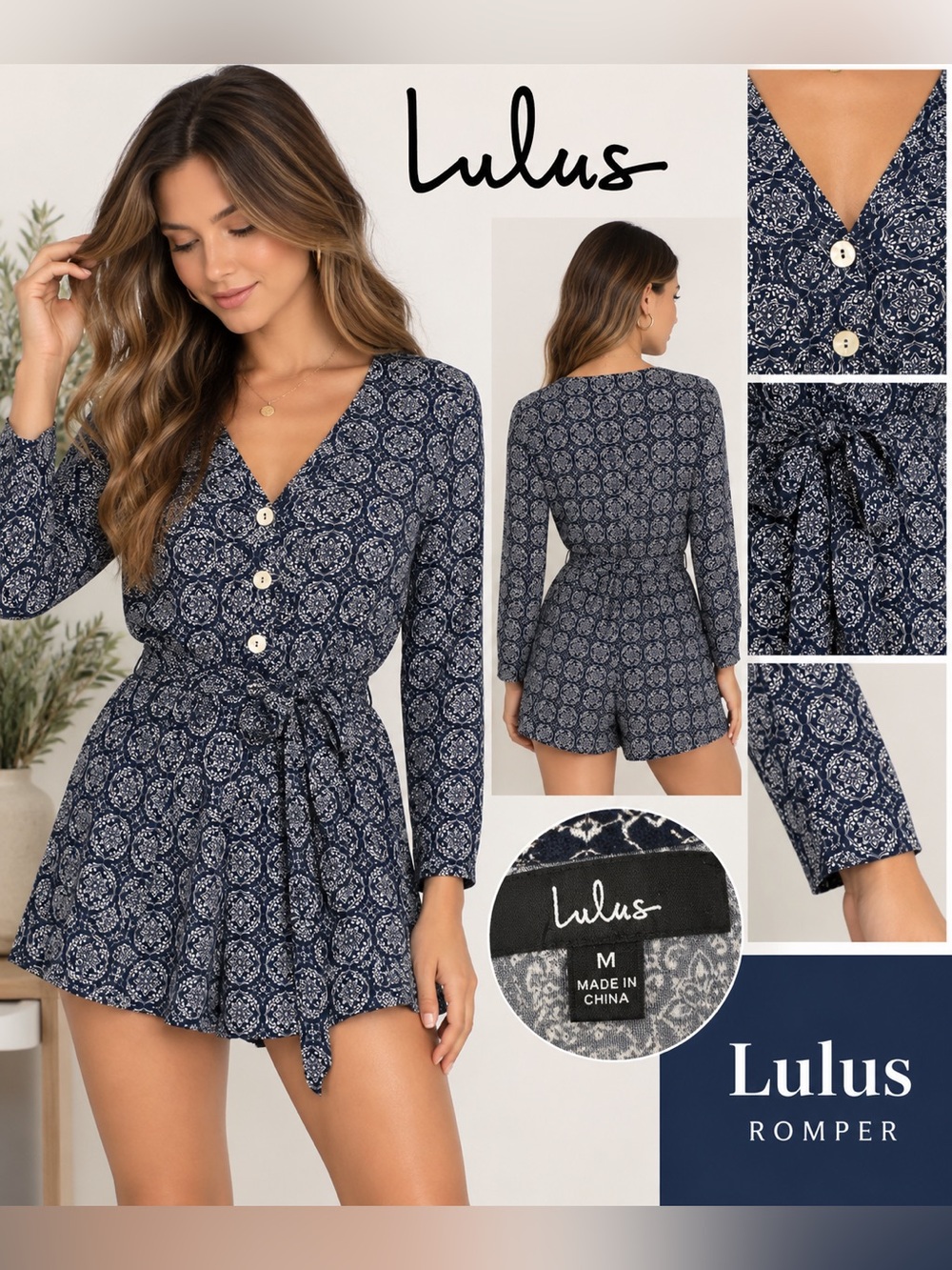 Lulus Navy Blue Medallion Print Romper Size M Button Front Tie Waist